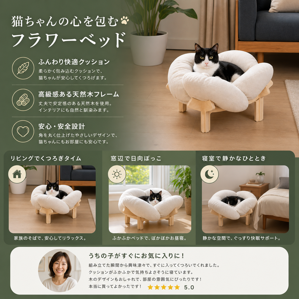 高級感のある高さのある木製フラワー型ペットベッド｜ふんわりクッション付き