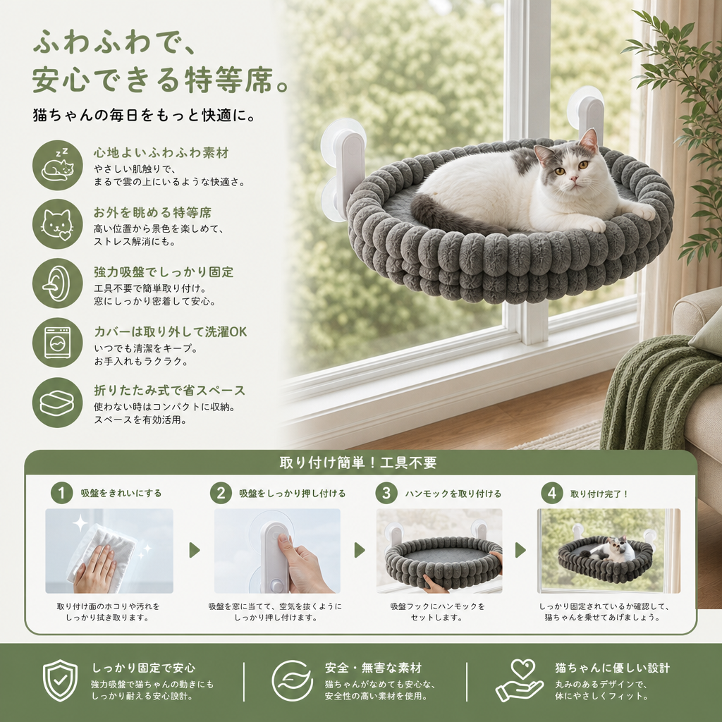 ふわふわコードレス折りたたみ式猫用ウィンドウハンモック｜強力吸盤＆洗えるカバー付き