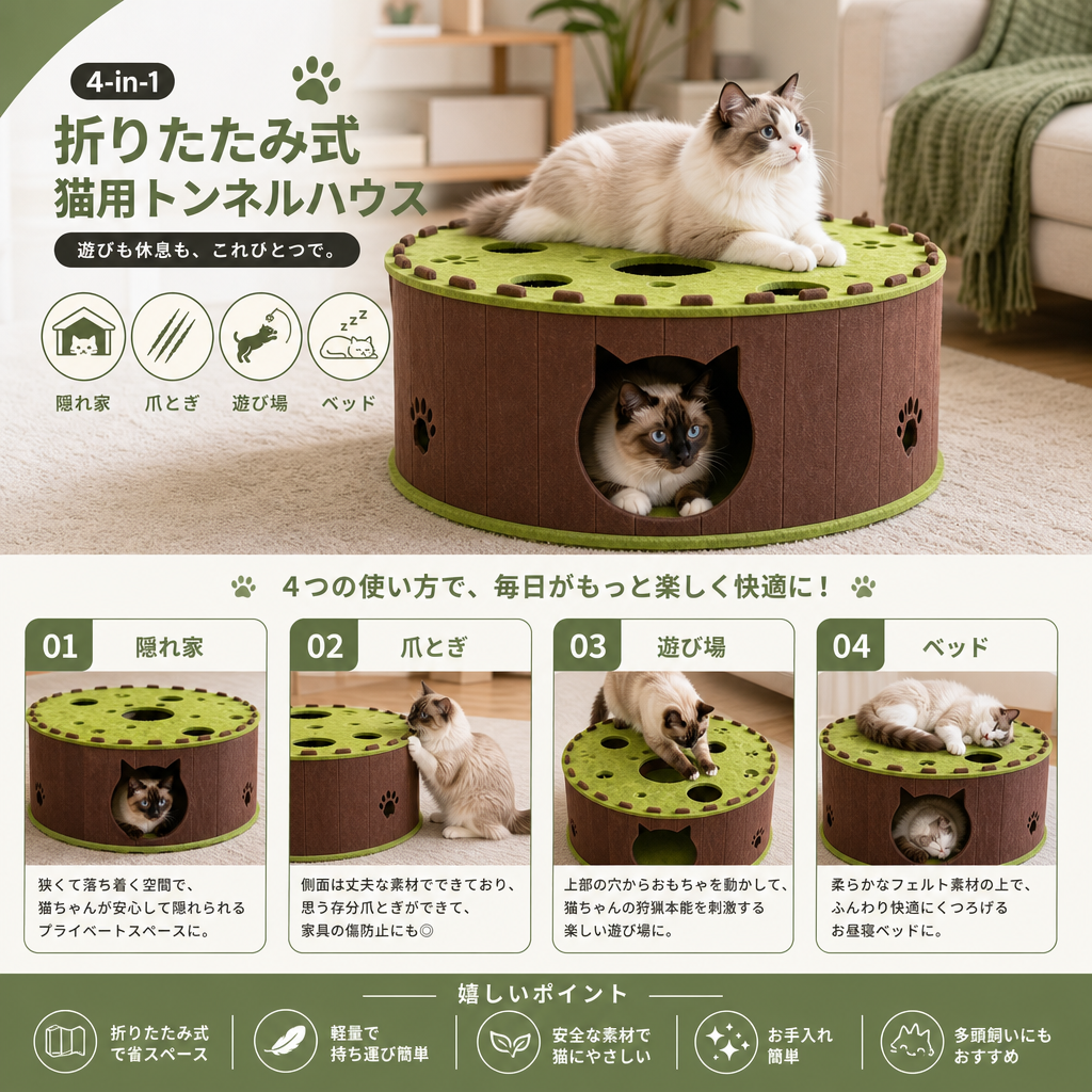 4-in-1 折りたたみ式猫用トンネルハウス｜隠れ家・爪とぎ・遊び場・ベッド