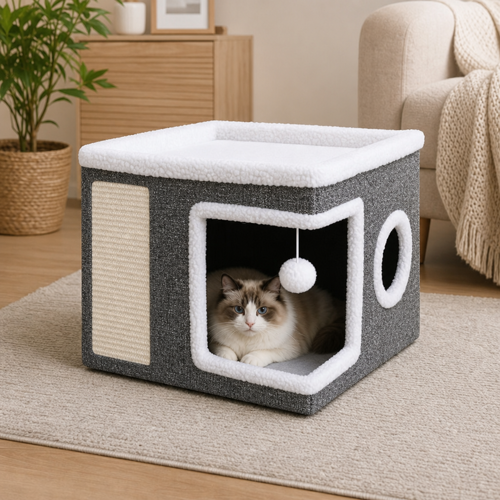 モダンな折りたたみ式猫用ハウス｜両面使えるオールシーズンクッション＆吊り下げおもちゃ付き
