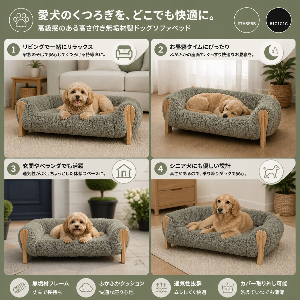 高級感のある高さ付き無垢材製ドッグソファベッド