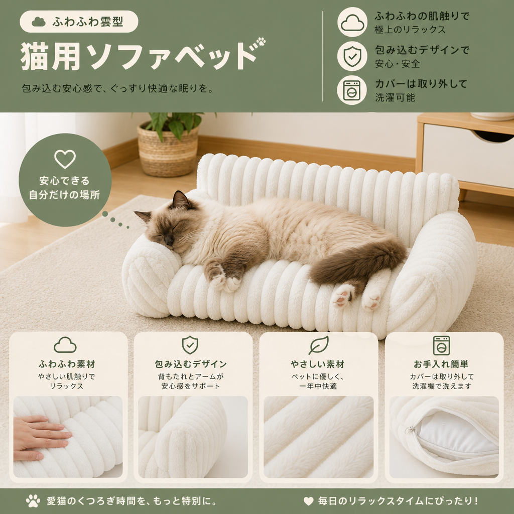 ふわふわ雲型猫用ソファベッド｜柔らかなボルスター＆洗えるカバー付き