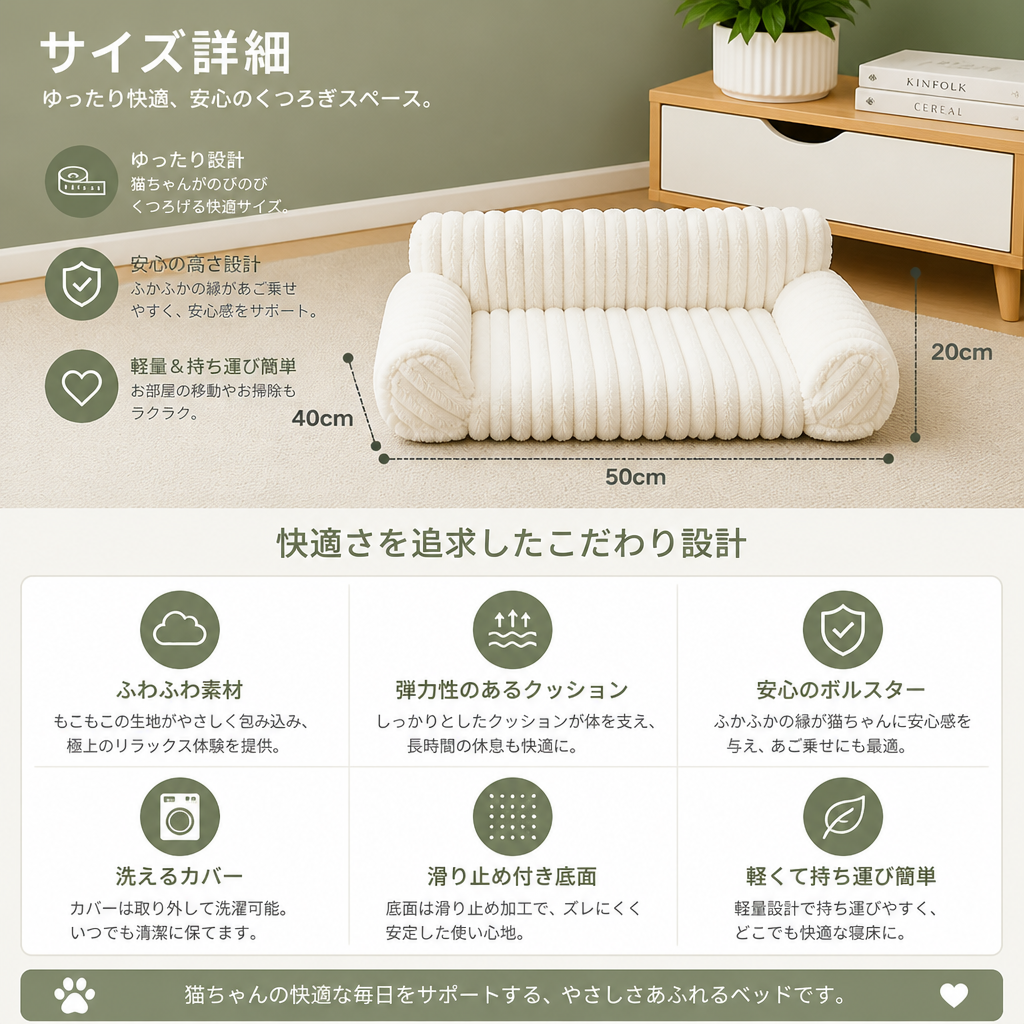 ふわふわ雲型猫用ソファベッド｜柔らかなボルスター＆洗えるカバー付き