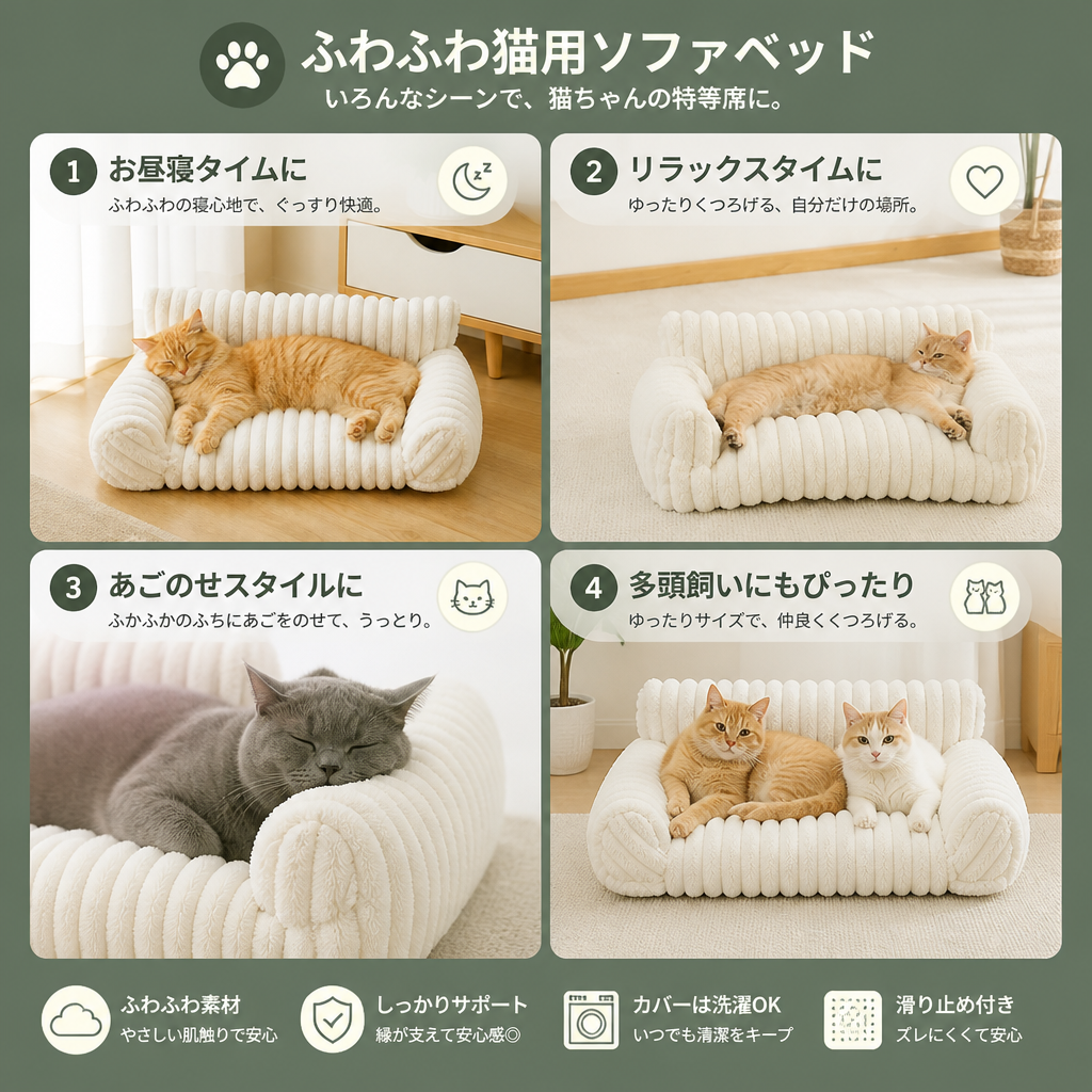 ふわふわ雲型猫用ソファベッド｜柔らかなボルスター＆洗えるカバー付き