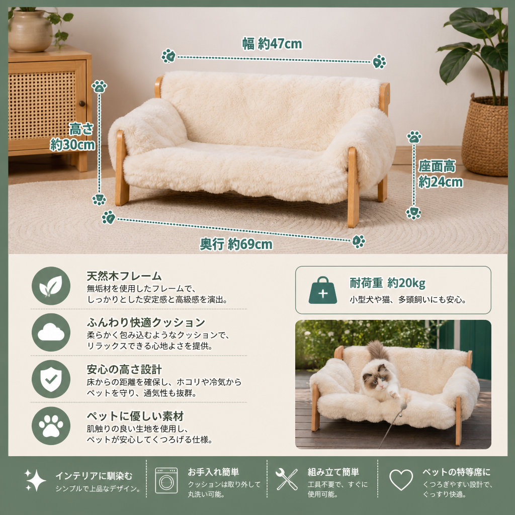 高級感のある高さ付き無垢材製キャットソファベッド