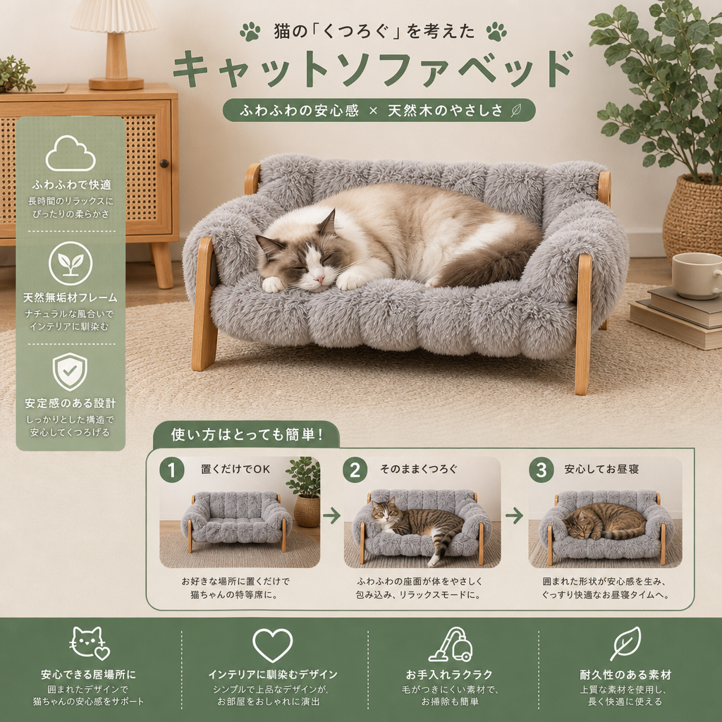 高級感のある高さ付き無垢材製キャットソファベッド