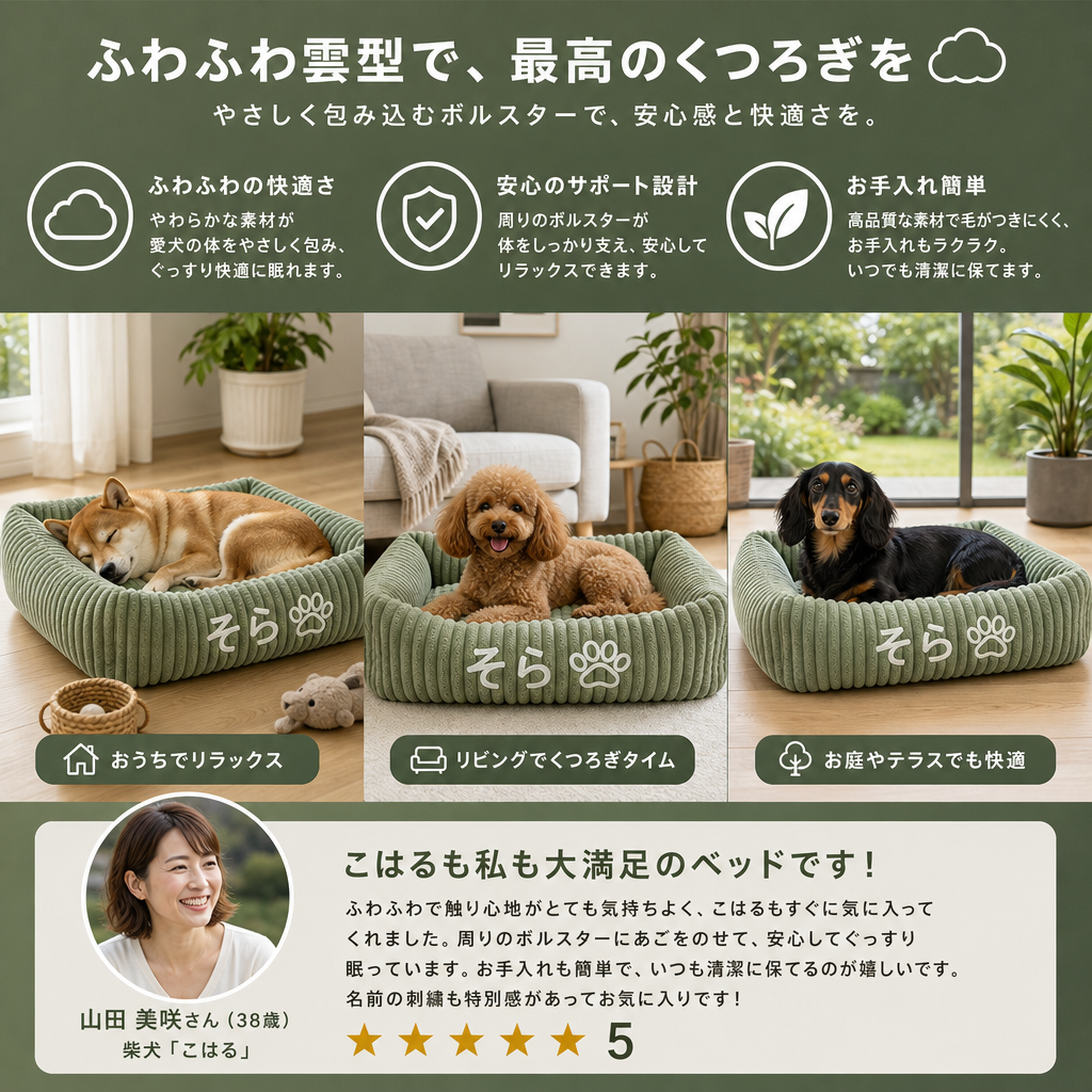パーソナライズできるふわふわ雲型の犬用ベッド｜やわらかいボルスター付き