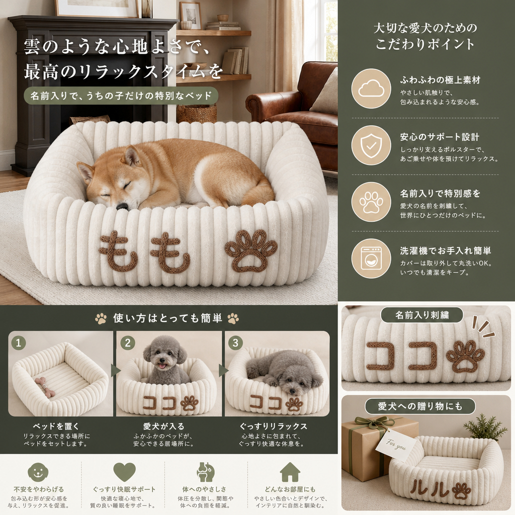 パーソナライズできるふわふわ雲型の犬用ベッド｜やわらかいボルスター付き