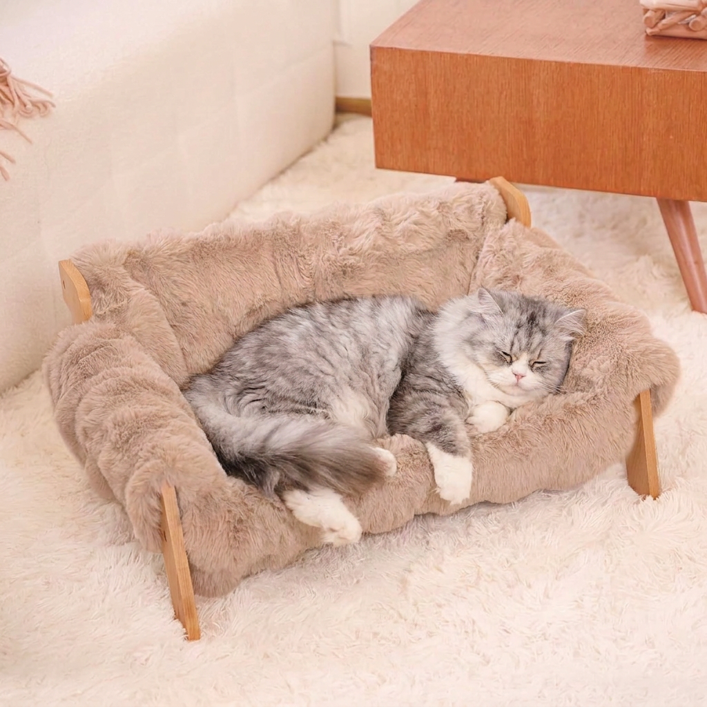 高級感のある高さ付き無垢材製キャットソファベッド