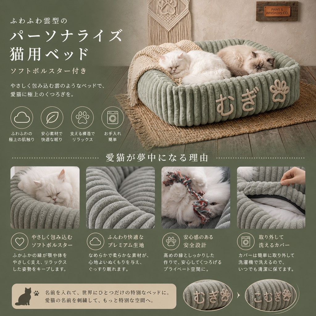 ふわふわ雲型のパーソナライズ猫用ベッド ソフトボルスター付き