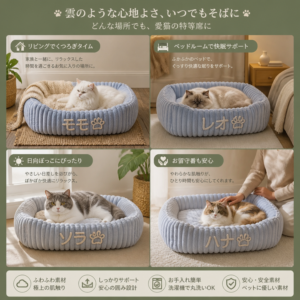 ふわふわ雲型のパーソナライズ猫用ベッド ソフトボルスター付き