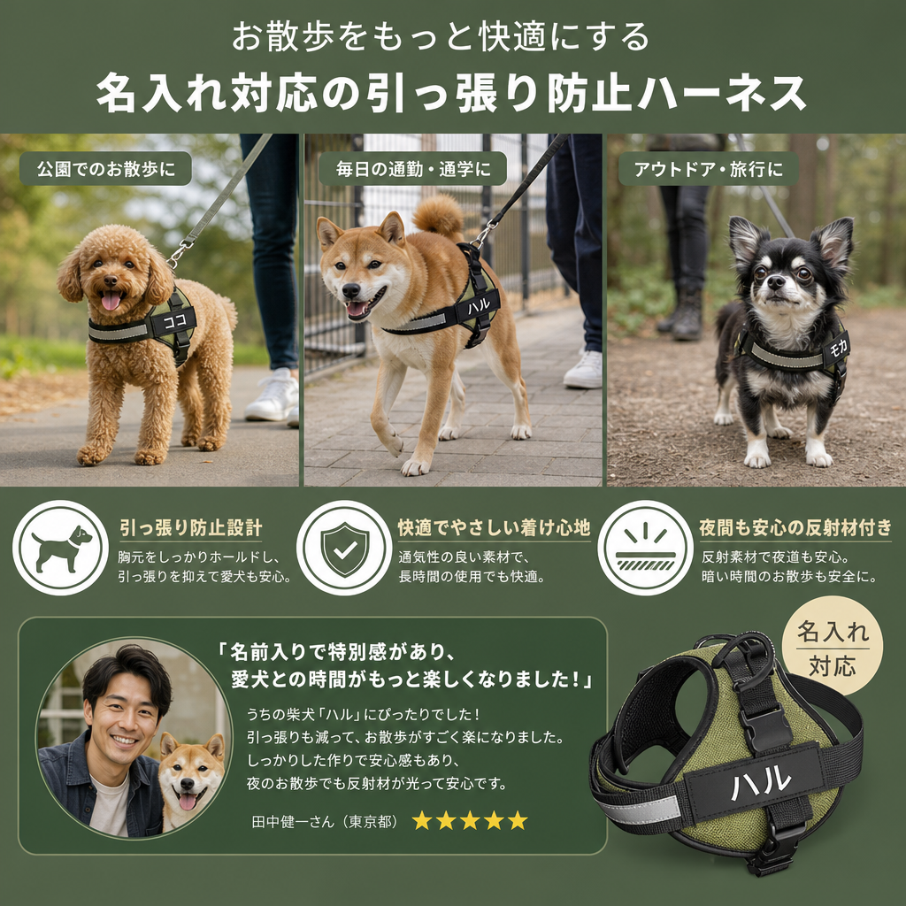 お散歩をもっと快適にする名入れ対応の引っ張り防止犬用ハーネス