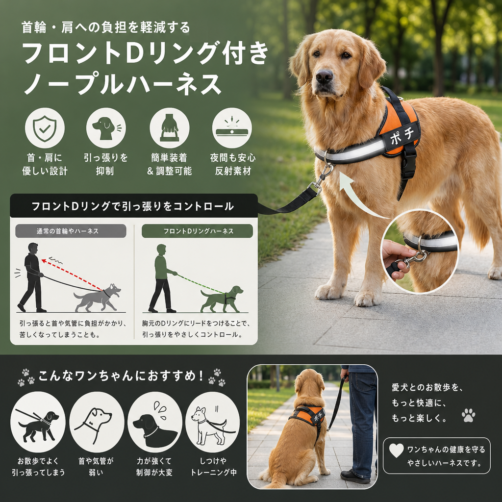 首輪・肩への負担を軽減するフロントDリング付きカスタム犬用ノープルハーネス