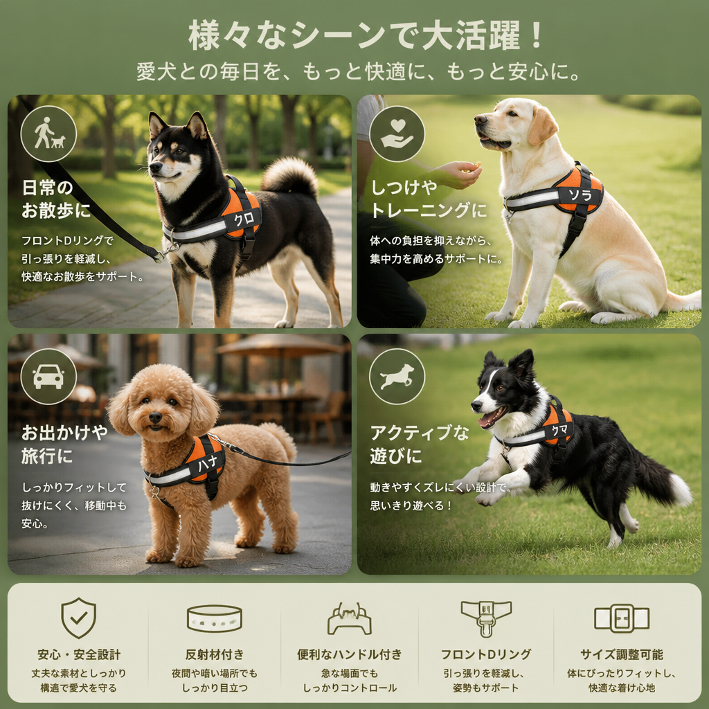 首輪・肩への負担を軽減するフロントDリング付きカスタム犬用ノープルハーネス