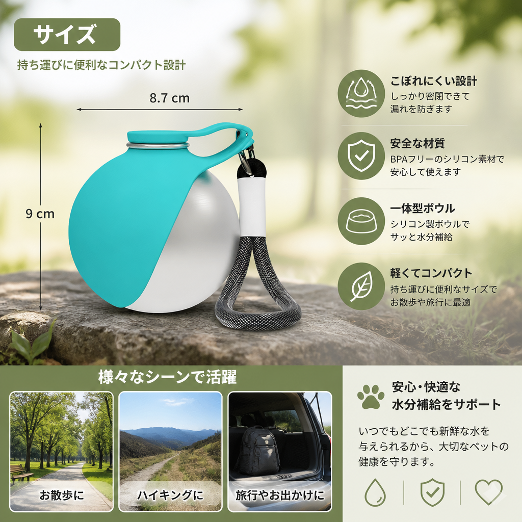 シリコンボウル付き球形2-in-1犬用ウォーターボトル – 漏れ防止トラベルボトル