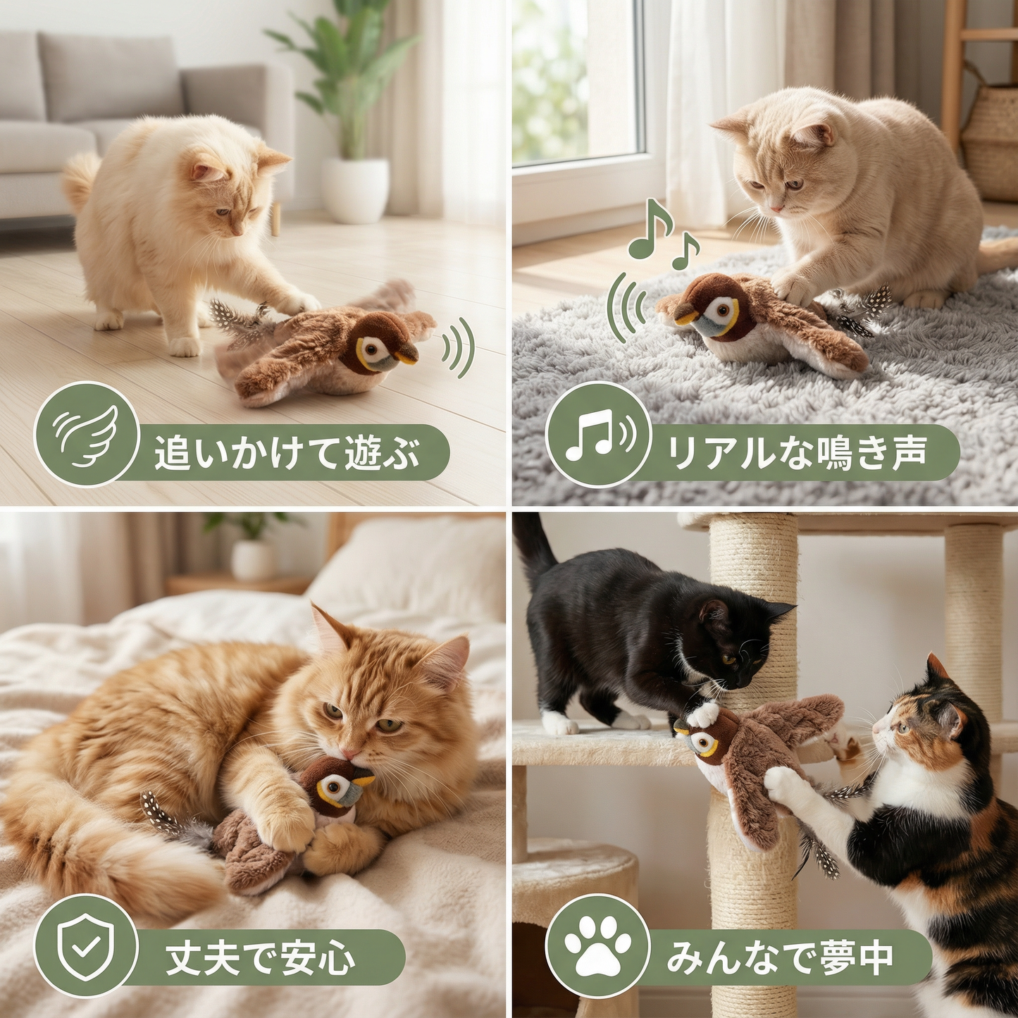 羽ばたく鳥型猫用おもちゃ