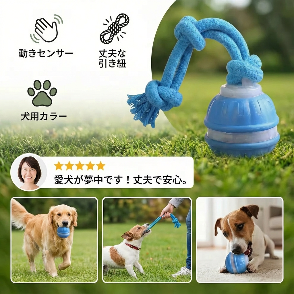 動きセンサー付き丈夫な犬用ボールと犬用カラーの引き紐