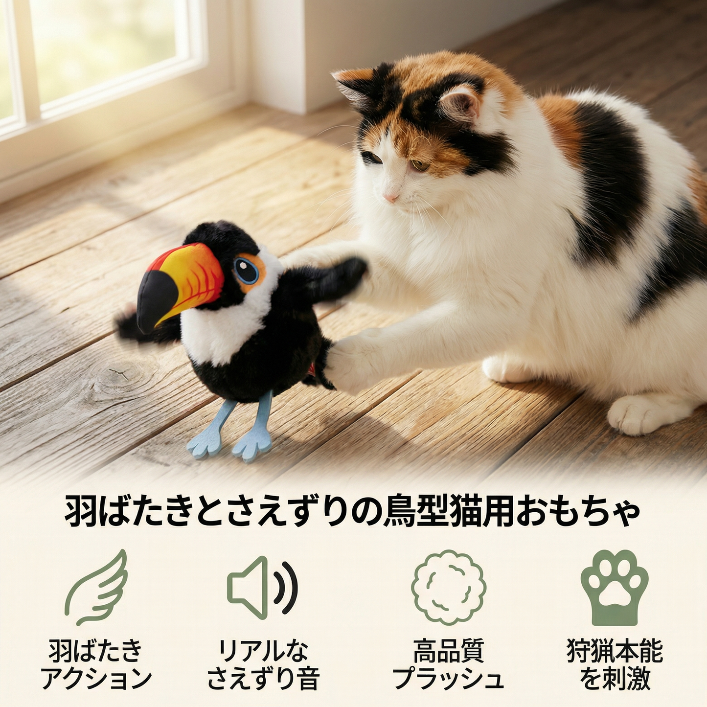 羽ばたきとさえずりの鳥型猫用おもちゃ