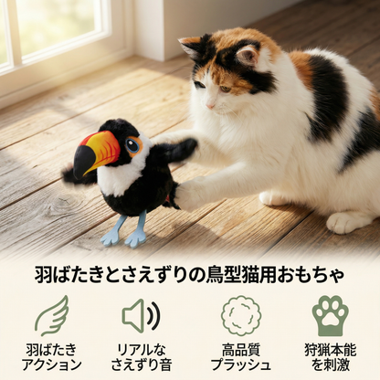 羽ばたきとさえずりの鳥型猫用おもちゃ
