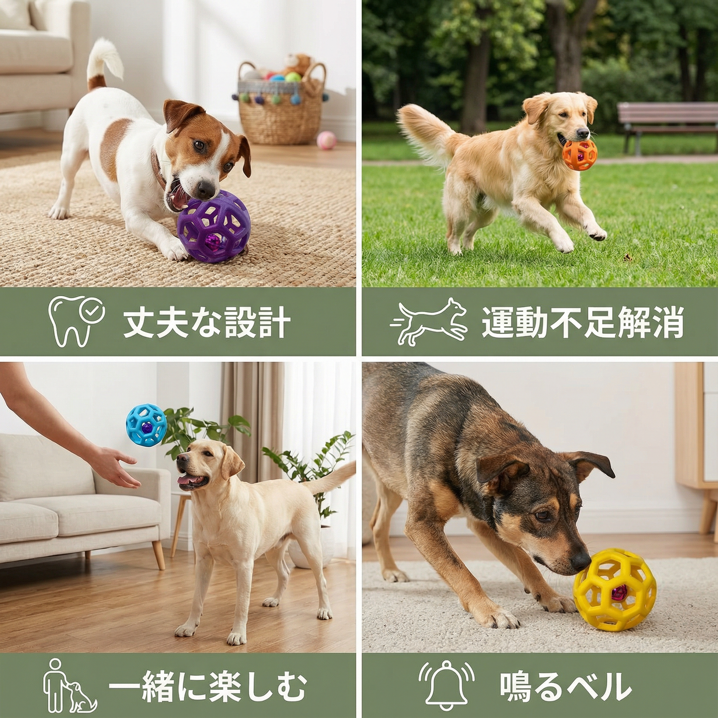 犬用ベル付きボールおもちゃ - 耐久性のある歯のケアとトレーニング
