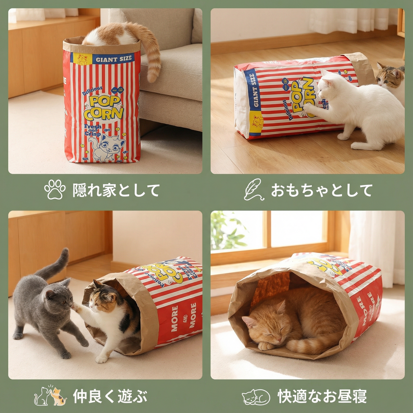 猫の寝床＆遊び用ダンボール ポップコーンバッグ
