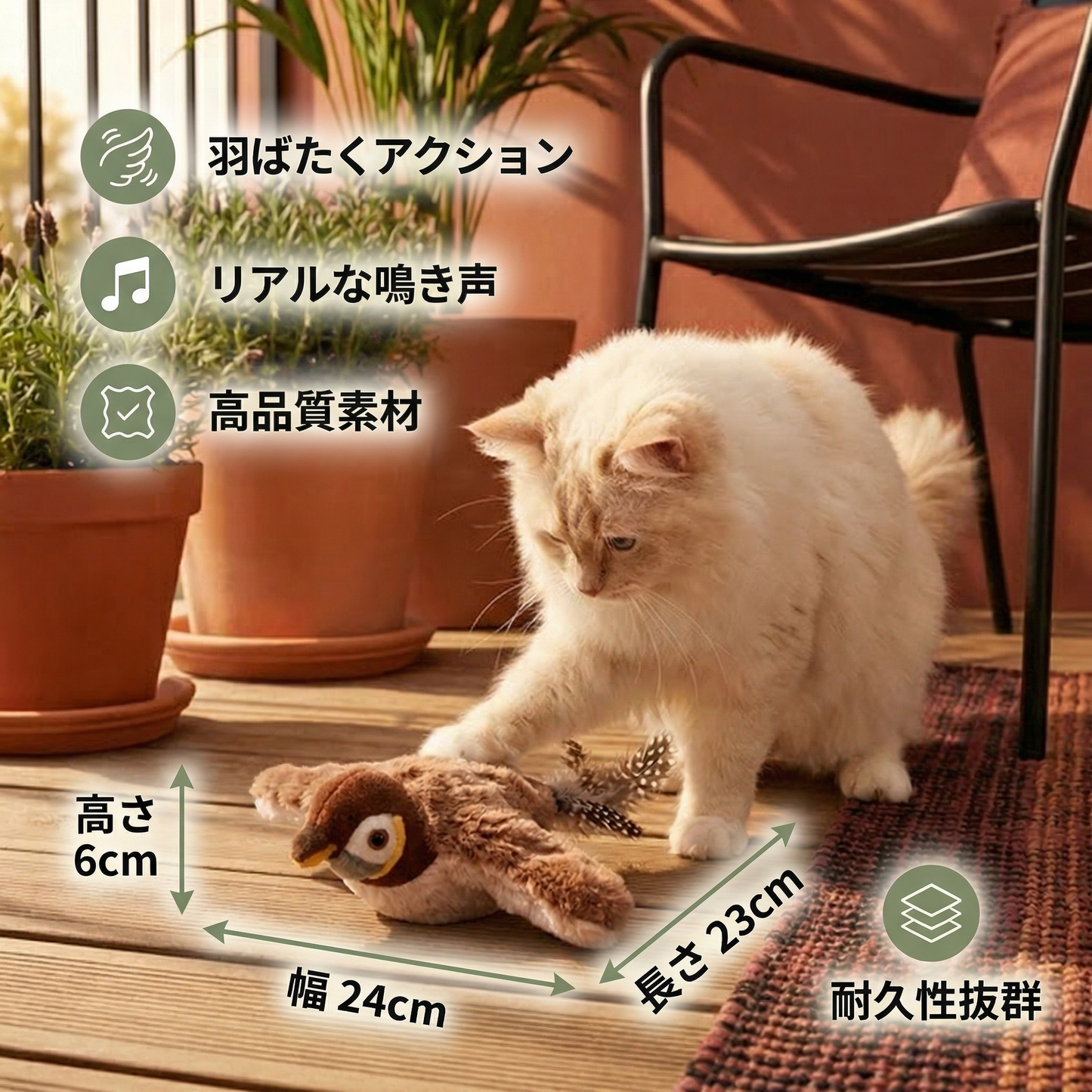 羽ばたく鳥型猫用おもちゃ