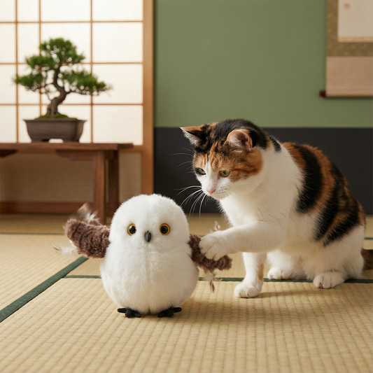 羽ばたきとさえずりの鳥型猫用おもちゃ