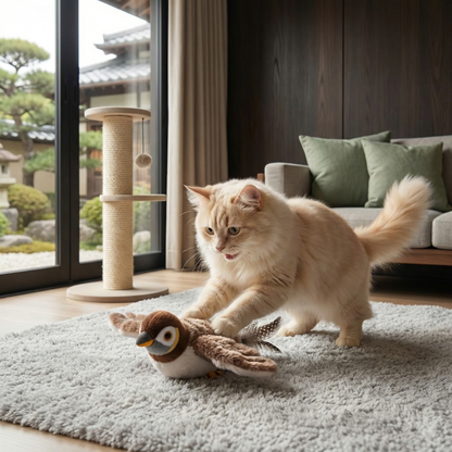 羽ばたく鳥型猫用おもちゃ