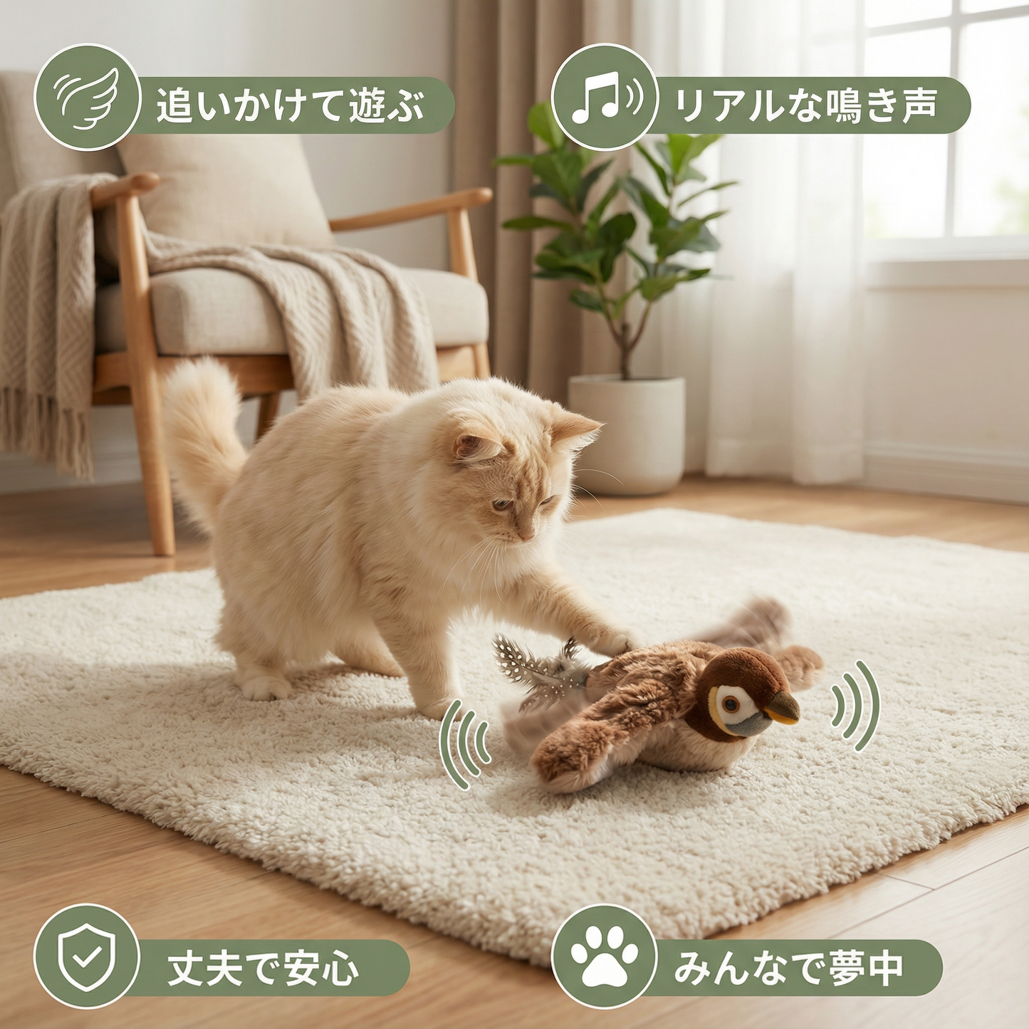 羽ばたく鳥型猫用おもちゃ