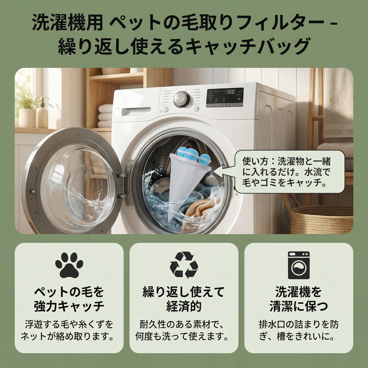 洗濯機用 ペットの毛取りフィルター – 繰り返し使えるキャッチバッグ
